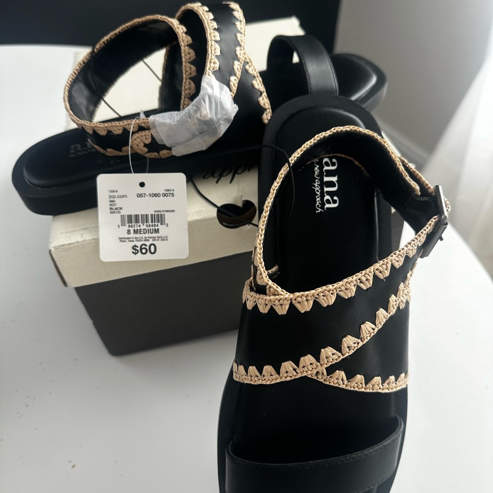 a.n.a Black Sandals with Tan Detailing